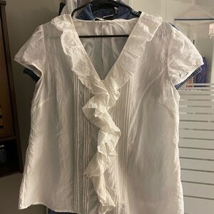 Banana Republic White Ruffle Front Short Sleeve Blouse
